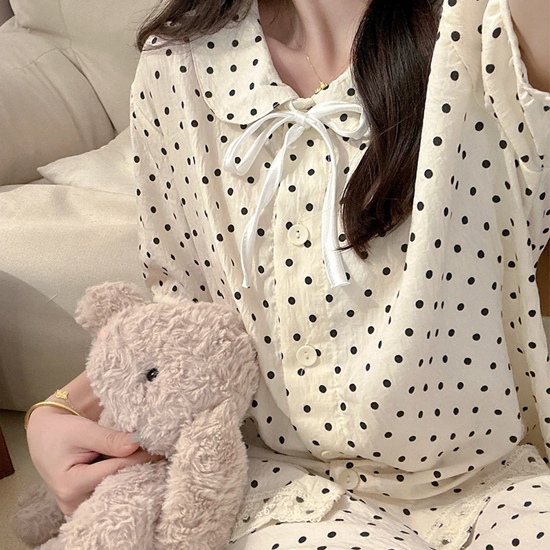 法式黑波点睡衣女短袖长裤夏季款三件套可爱少女款开衫家居服夏季