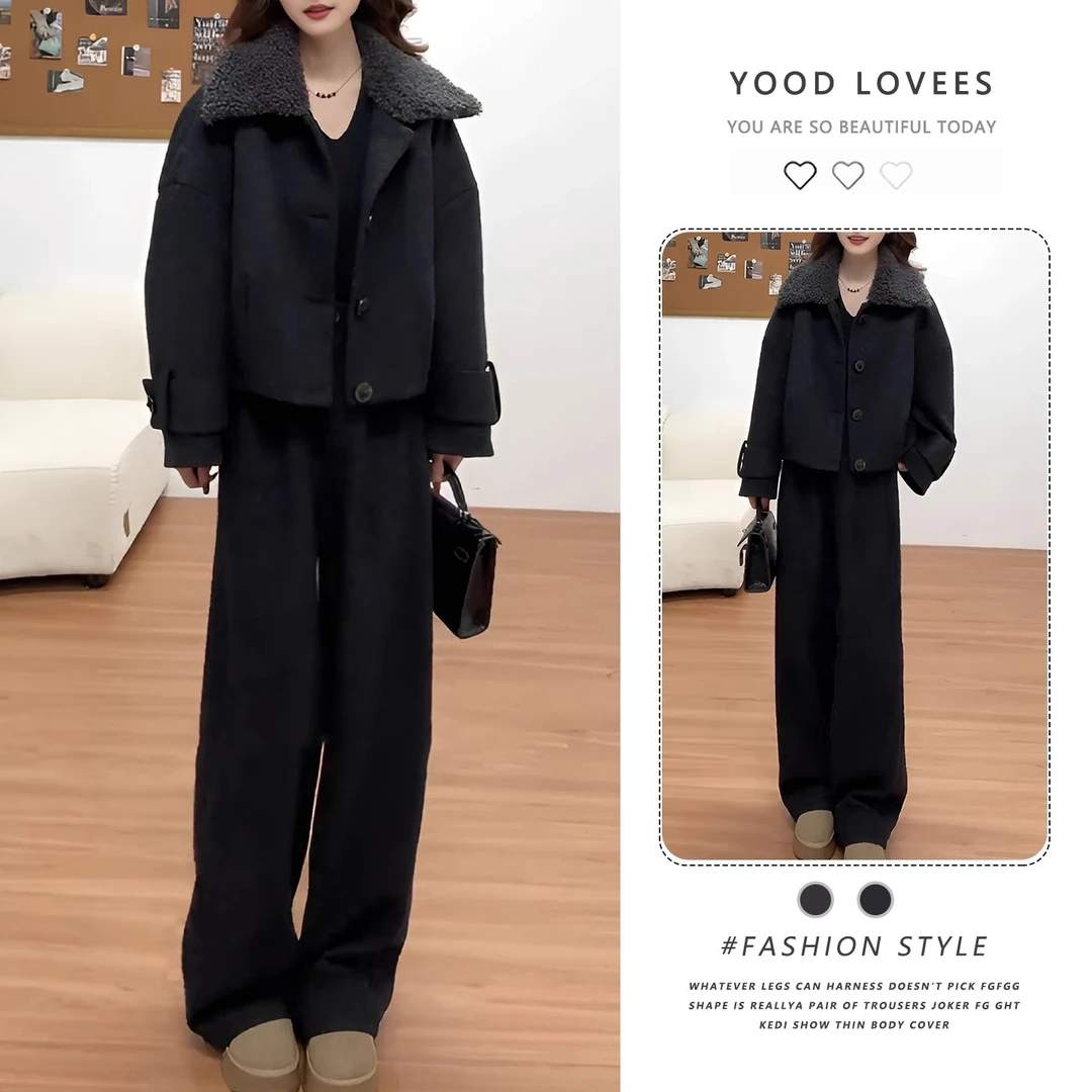 拉夏贝尔时尚夹棉套装女2025秋冬新款减龄翻领外套阔腿裤两件套潮