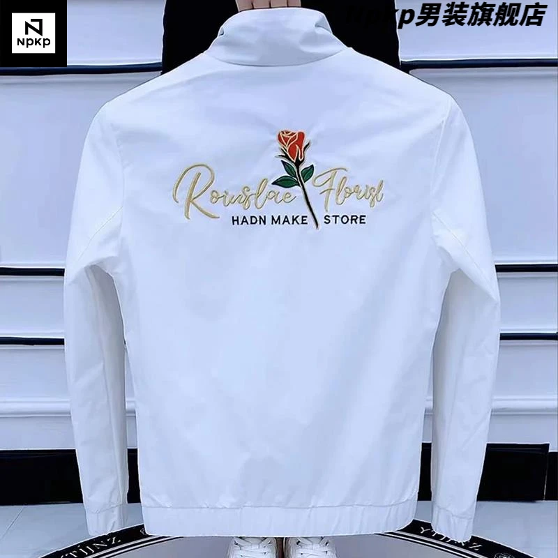 春秋外套男立领潮流帅气玫瑰刺绣社会小伙夹克修身韩版青年上衣