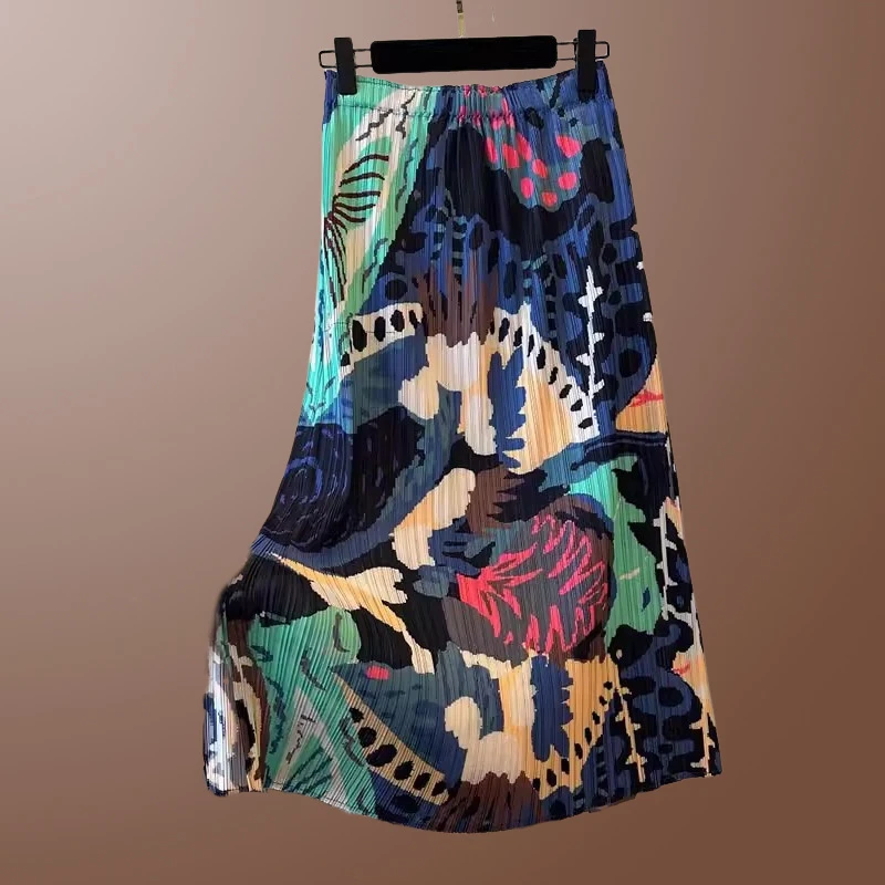 休闲减龄褶皱宽松印花半身裙女2025年夏季新款设计感高腰显瘦裙子