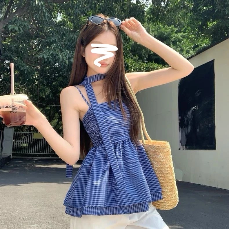 【运补4-9米】简约时尚夏季女款设计感挂脖无袖修身显瘦百搭方格吊