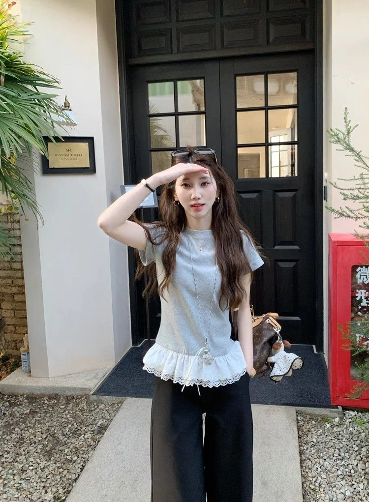 韩版蕾丝拼接白色短袖T恤花边2025春夏新款设计感甜美风百搭上衣