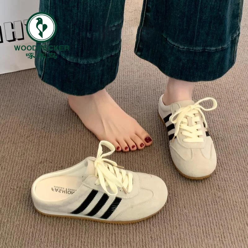 啄木鸟包头半拖鞋女夏外穿2025新款无后跟德训鞋懒人一脚蹬平底拖