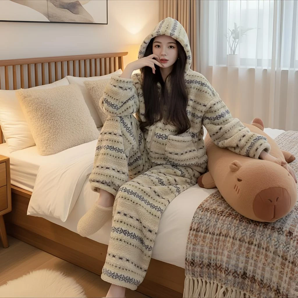 新款冬装韩版对条连帽常规款软乎睡衣套装厚款女