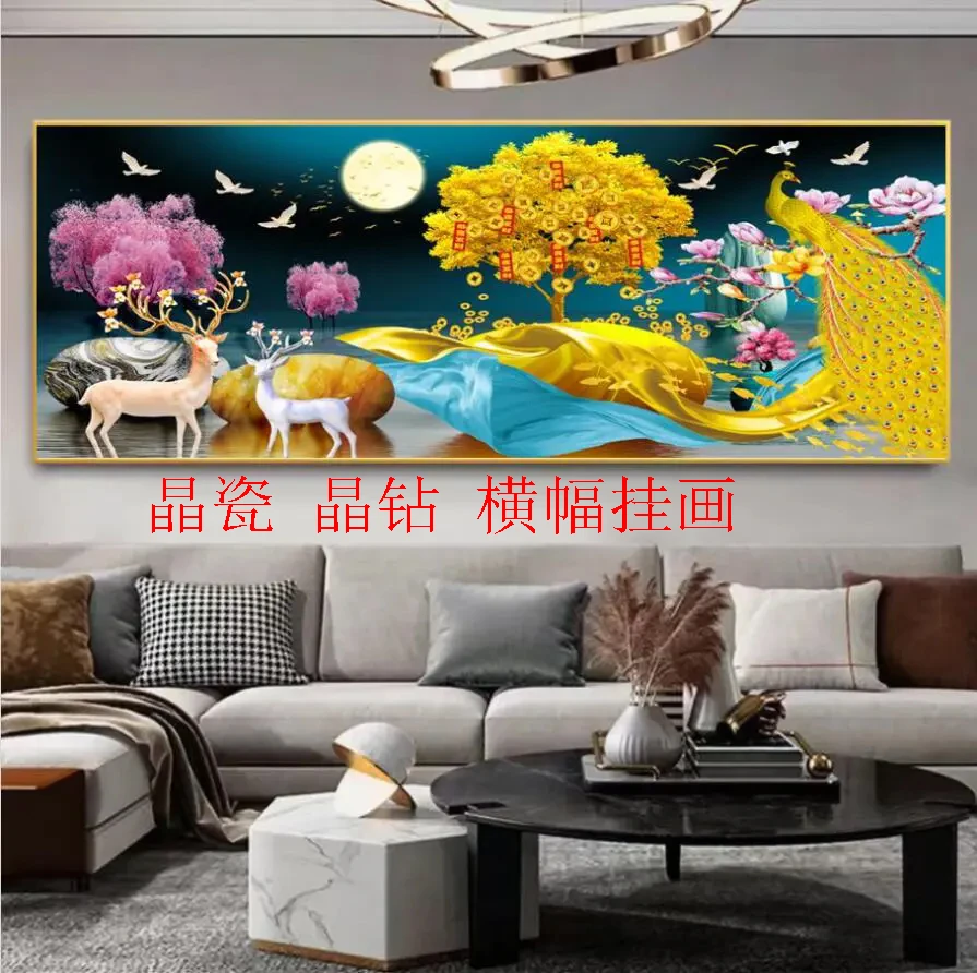 客厅背景墙装饰画福禄高级感孔雀晶瓷立体背靠镶钻装饰挂画横幅画