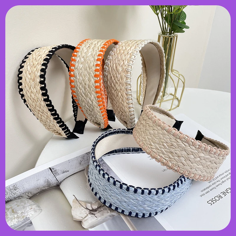 新款欧美风草编宽边发箍女波希米亚风格网红ins气质优雅打结头箍
