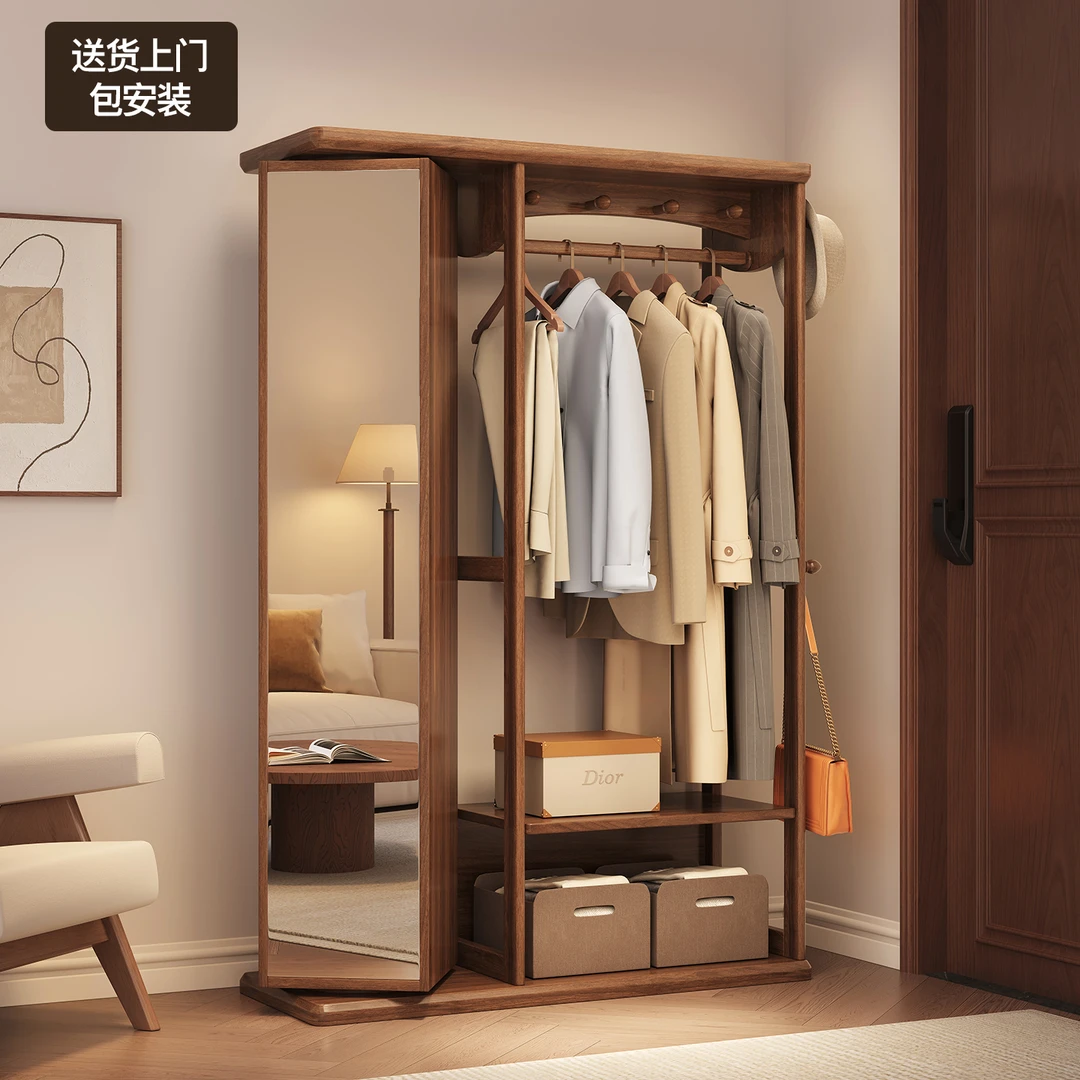 乌金木实木挂衣架落地卧室新中式衣帽架带全身镜子一体衣服收纳架