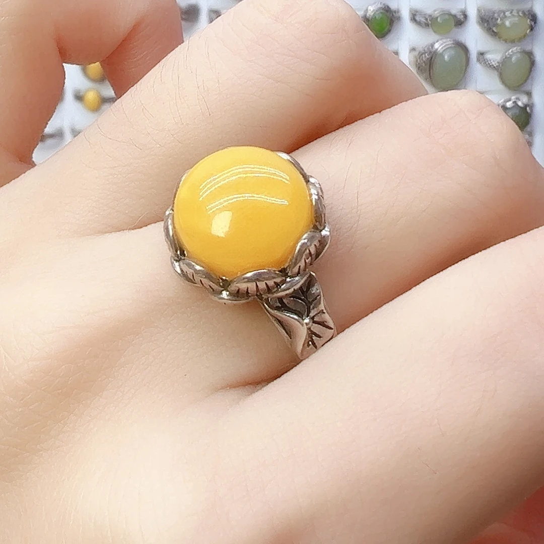 蜜蜡银S925镶嵌戒指，