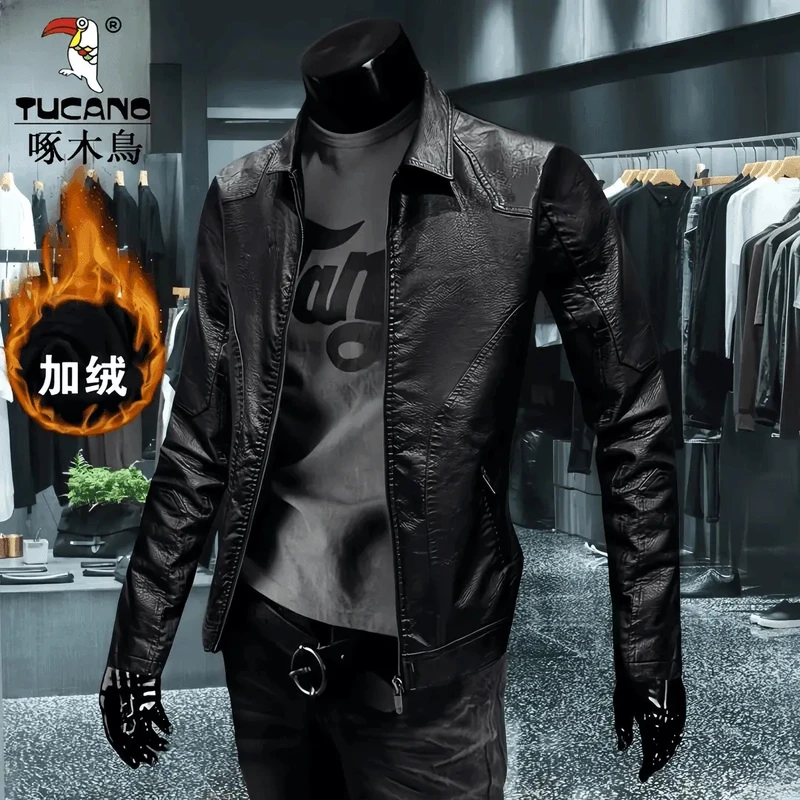 啄木鳥高档海宁皮衣男士休闲韩版修身帅气款机车外套痞帅外套男潮