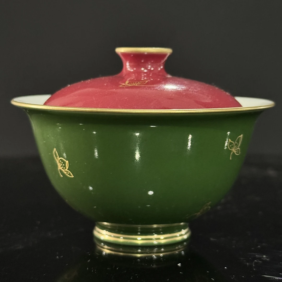 华隐堂·玫瑰红描金绿肥红瘦盖碗手工手绘