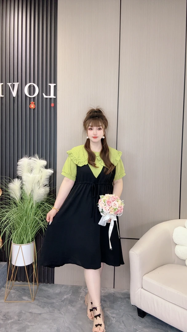 YY家1399夏季新款收腰带娃娃领连衣裙时尚宽松假两件设计减龄