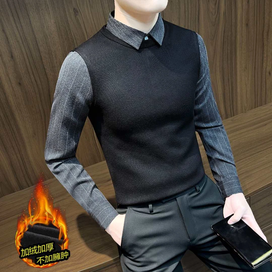假两件加绒款衬衫领毛衣男款爆款2025新款冬季保暖长袖针织打底衫