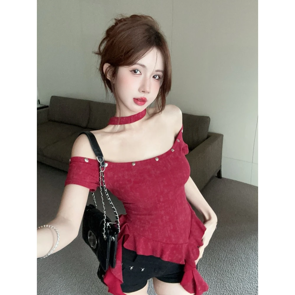 实拍实价 2025春夏新款修身甜美辣妹锁骨一字肩挂脖上衣小众短款