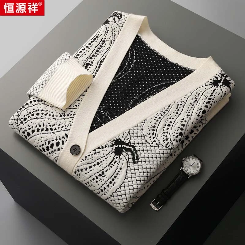 【奢品级舒适面料】百搭拼色提花设计V领休闲系扣羊毛开衫