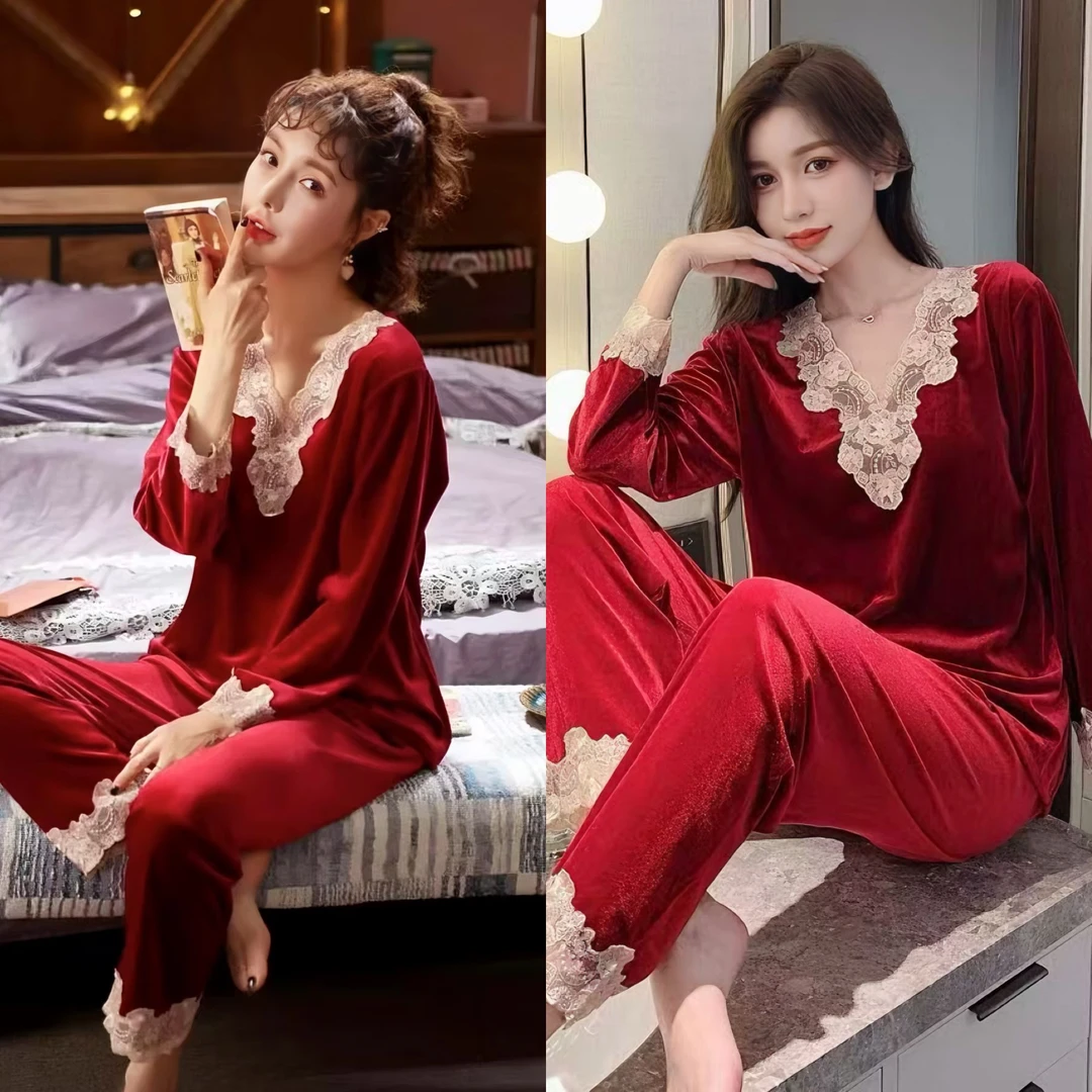 秋冬款拼蕾丝V领金丝绒大码宽松纯色高档奢华家居服睡衣女士套装