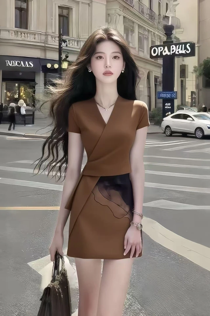 轻奢修身短款棕色时尚套装气质高腰修身显瘦两件套高级小众风v领