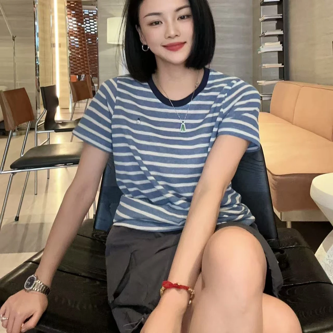 夏季小串珠蓝色条纹撞色领短袖T恤5-6-27