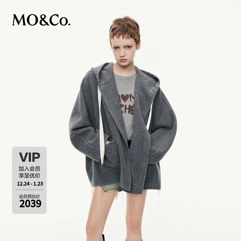MOCO大衣2025秋新品美丽诺绵羊毛双面呢连帽茧型高街风MBE3OVCT02