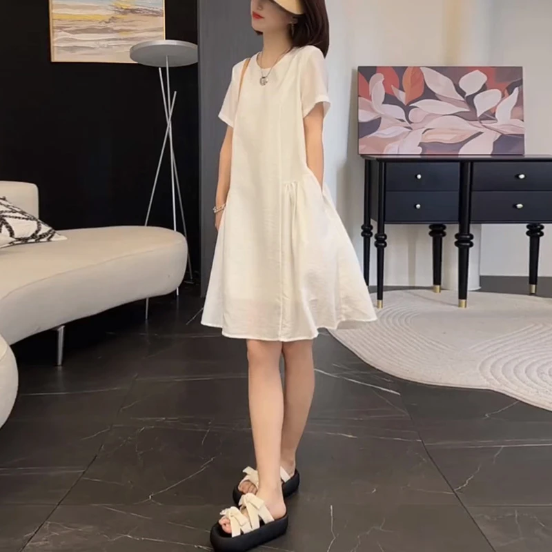 休闲圆领短袖t恤连衣裙女夏季2025新款超火漂亮巨好看减龄a字短裙