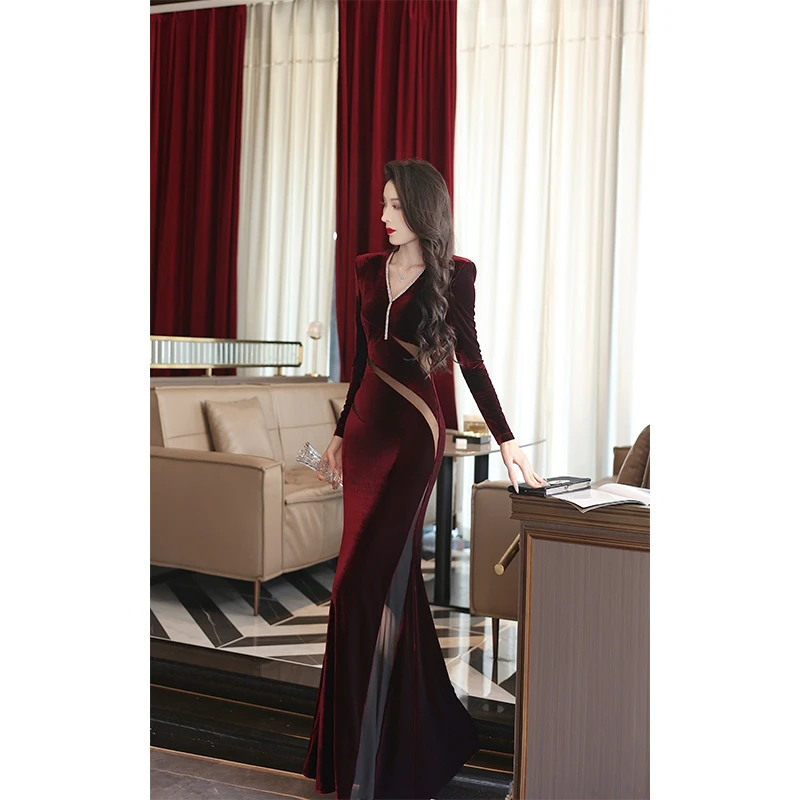 【尤克菲儿】原创设计轻奢高定丝绒网纱裙气质修身优雅V领连衣裙