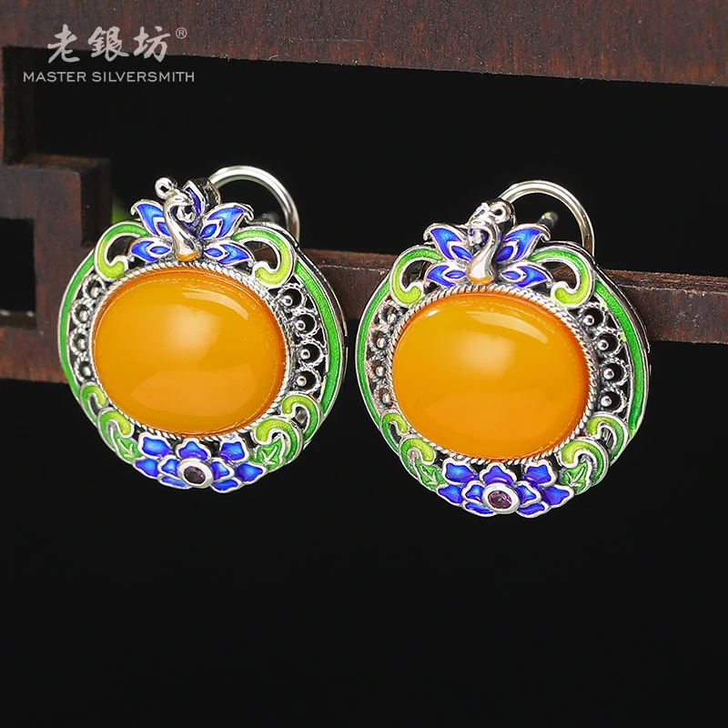【老银坊】s925银蜜蜡烧蓝牡丹耳钉 多样性发货 发一对 0011902