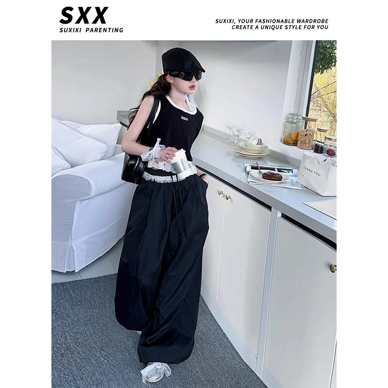 2025年新款春夏女童吊带背心蕾丝拼接上衣百搭宽松休闲直筒裤套装