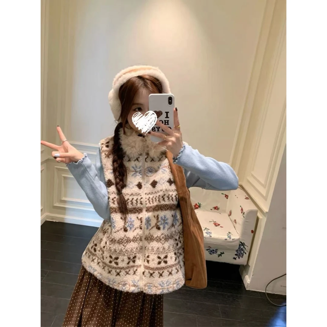 韩系慵懒费尔岛毛领马甲外套+木耳边修身内搭外穿女  82141