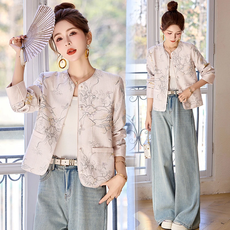 新中式国风提花刺绣外套女2025年春秋新款复古气质小个子短款上衣