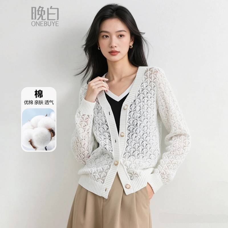 晚白【新品】2025棉V领上衣百搭短针织开衫女25071481