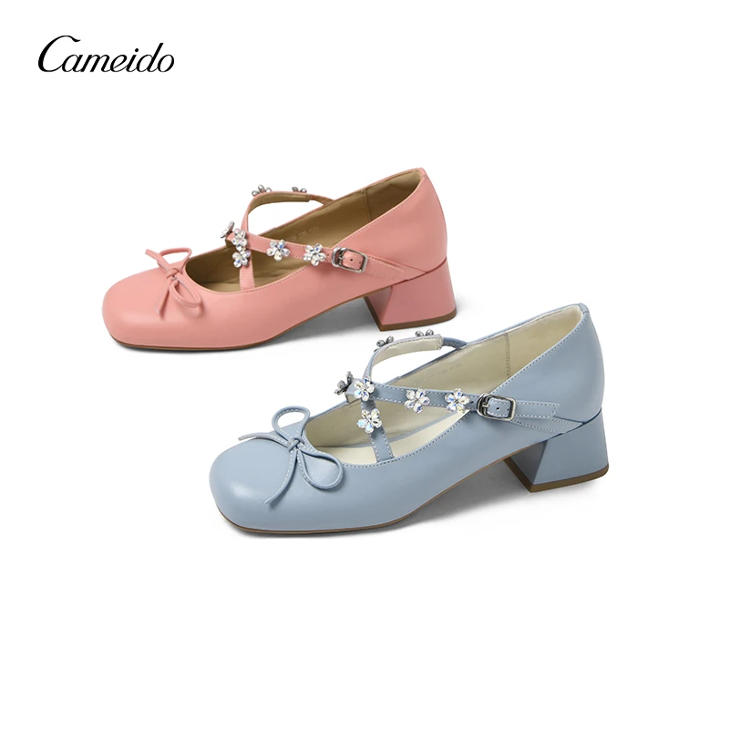 【卡美多】4CM春季时尚复古百搭圆头法式真皮蝴蝶结水钻单鞋