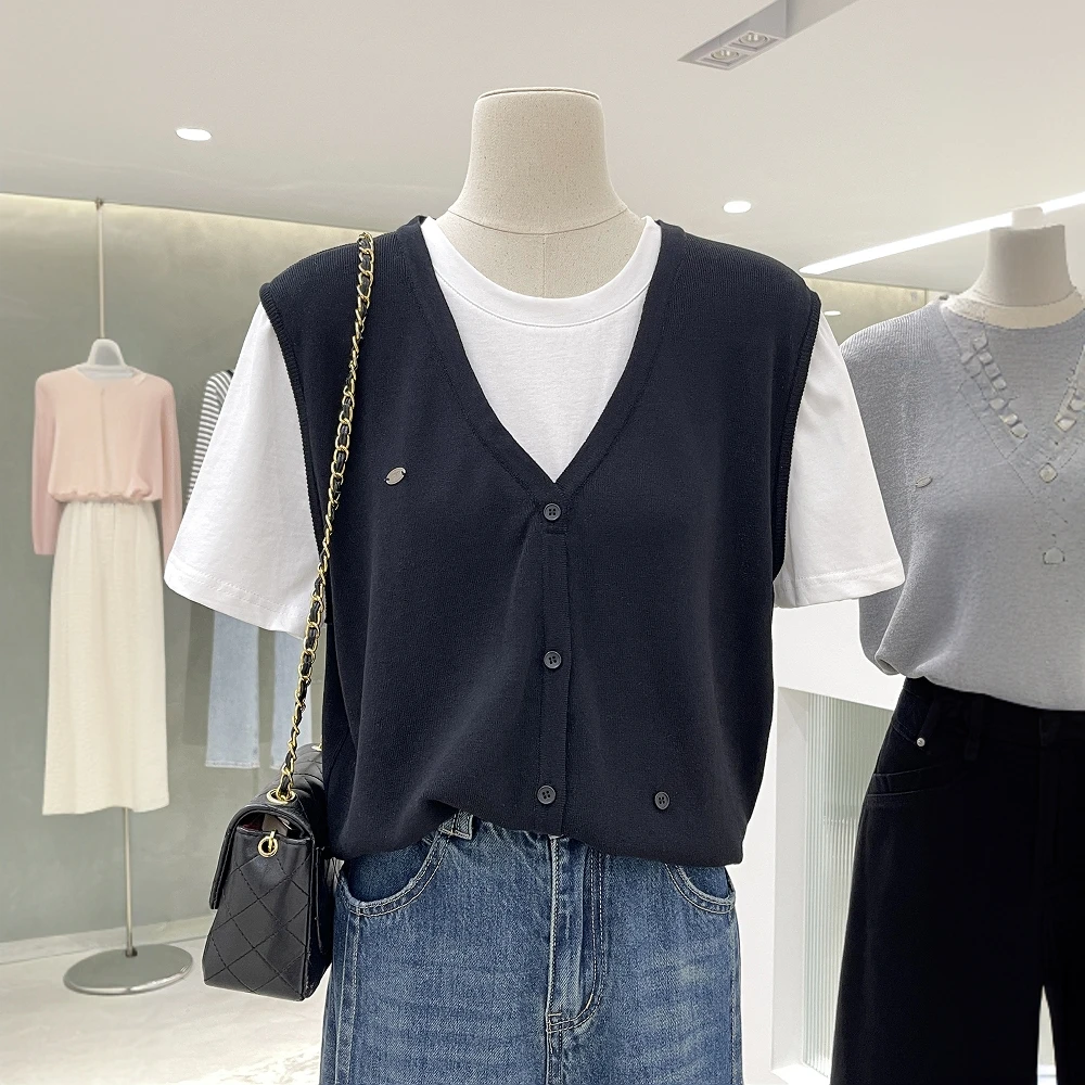 【现货】时髦学院感拼接假两件针织短袖上衣通勤穿搭2025新款夏T恤