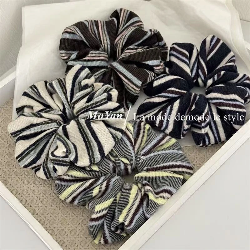 韩版简约针织条纹大肠发圈高级感百搭时尚发绳丸子头头花女扎头绳