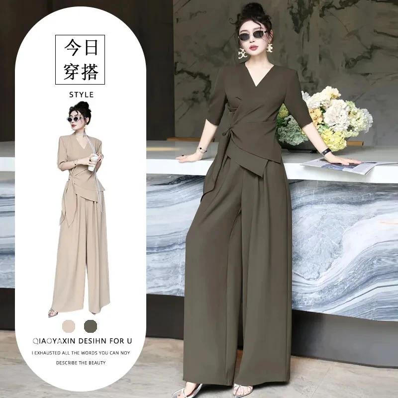 设计感时尚气质套装女夏季新款V领绑带修身显瘦上衣阔腿裤两件套