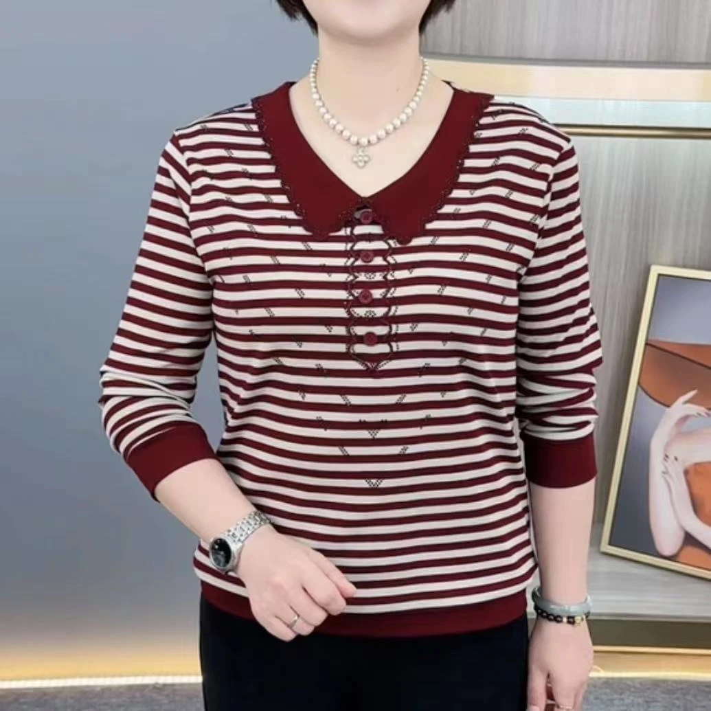 秋季新款时尚娃娃领条纹气质妈妈装宽松减龄休闲百搭长袖上衣H609