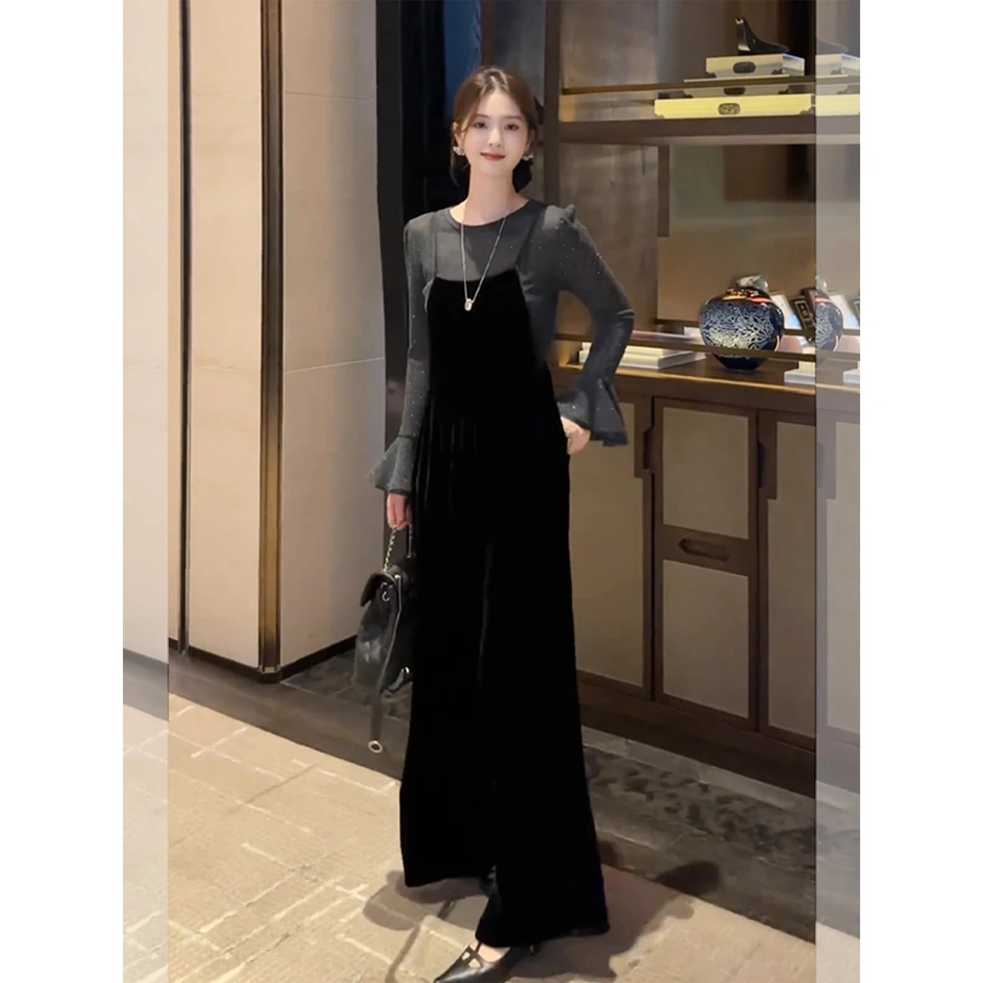 法式气质韩风chic一整套2025新款高级感灰色打底衫背带裤两件套