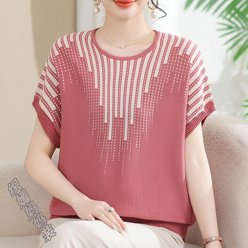 2025新款妈妈夏装洋气冰丝短袖上衣中老年女装时尚薄款百搭小衫