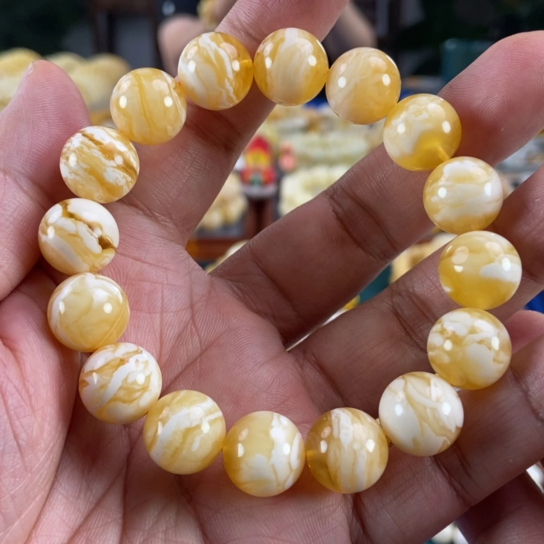 琥珀未镶嵌珠宝奇石13+金瓷白虎皮纹手串22.5