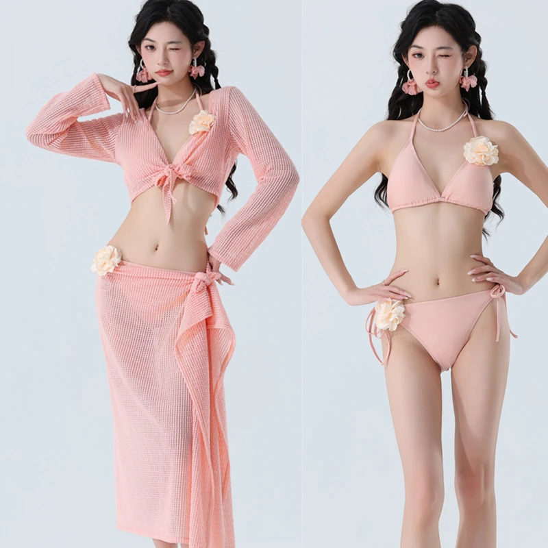 性感欧美风套装夏透视bikini比基尼四件套罩衫温泉泳衣女2025新款