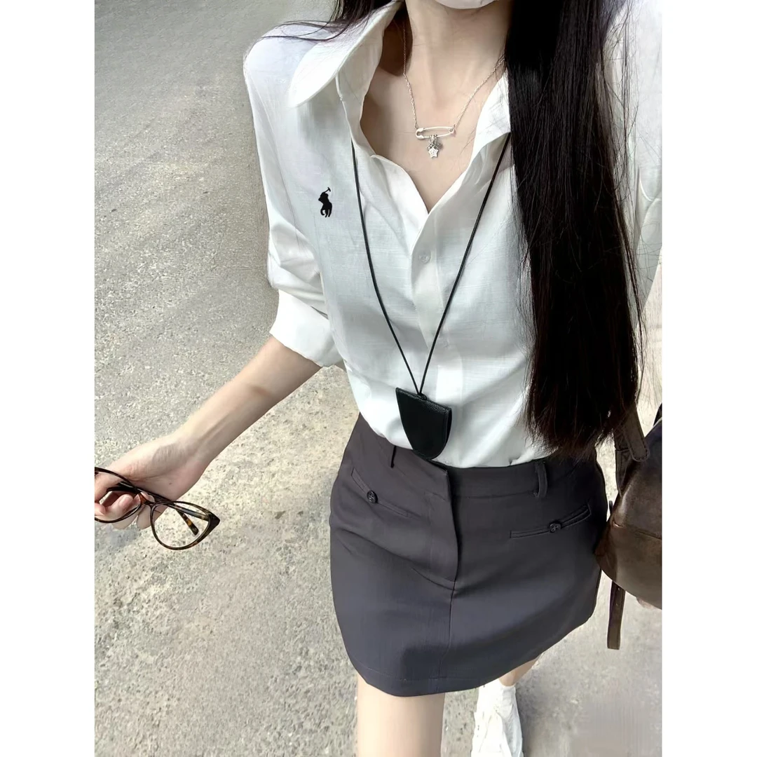 宽松防晒衬衫棉质衬衫女小马刺绣点缀轻奢薄款透气舒适春季小众