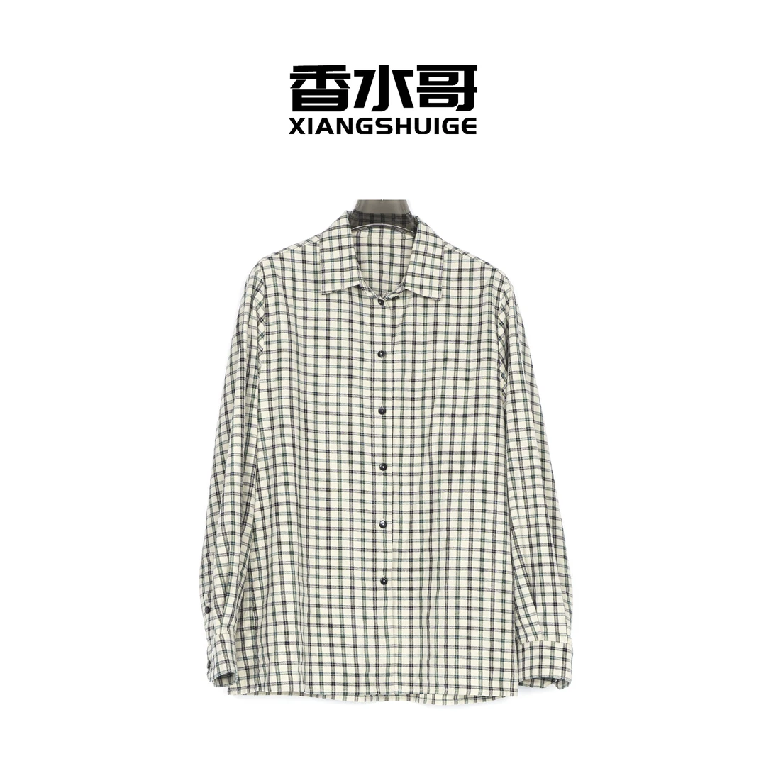 2025夏季新品女装休闲宽松复古格子印花衬衫翻领长袖亚麻上衣