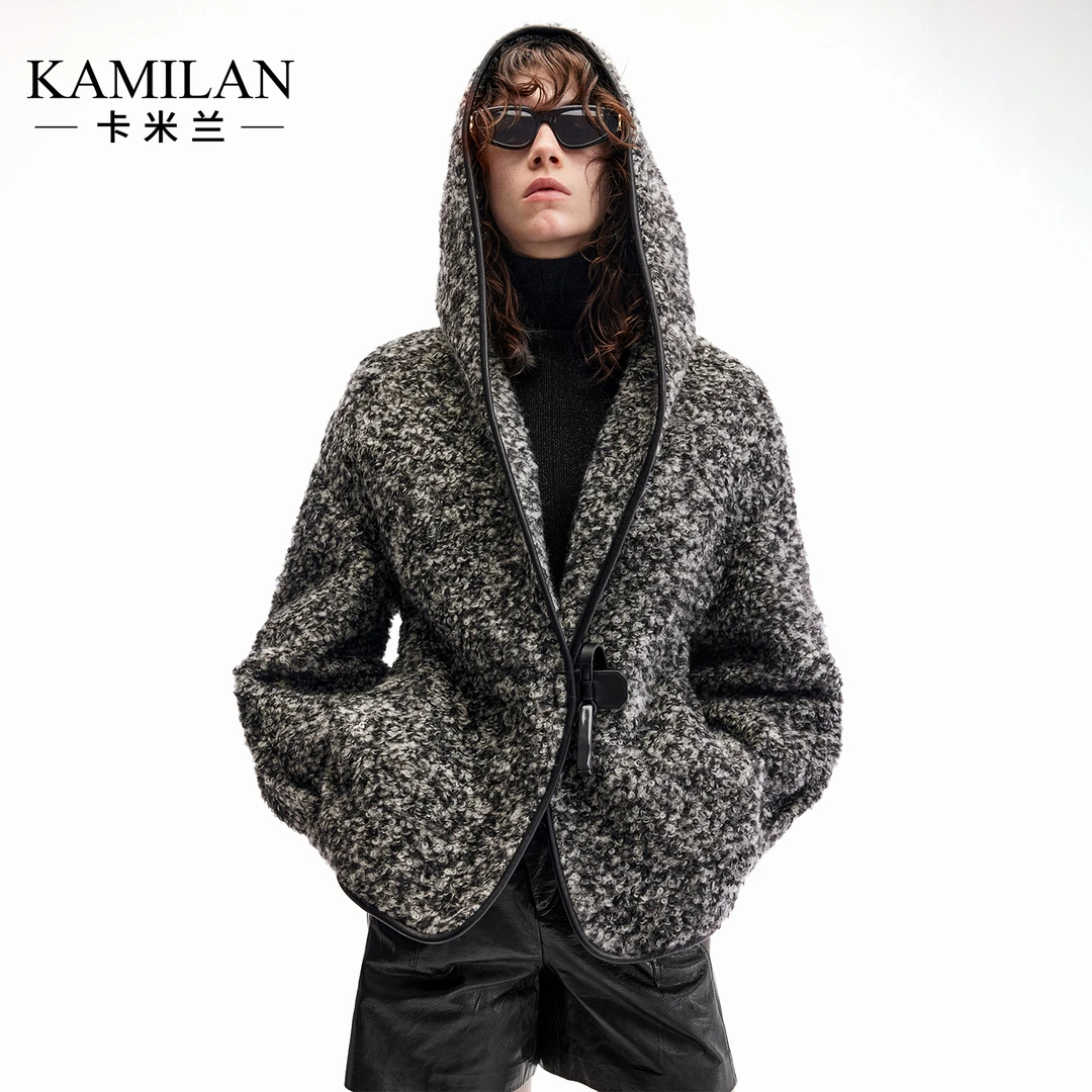 [羊毛]卡米兰时尚百搭羊剪绒外套女2025年冬季新款填充白鸭绒外套