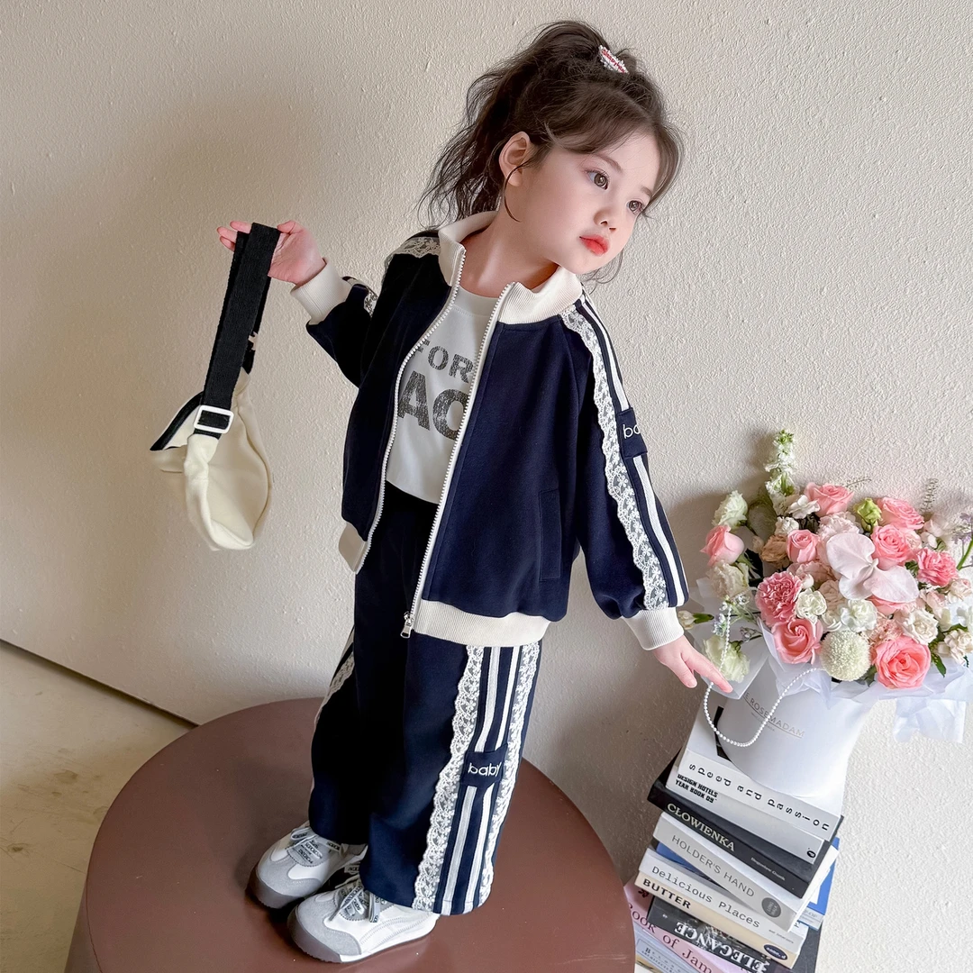 女童花边套装洋气儿童立领外套春秋季新款女宝宝休闲两件套小女孩