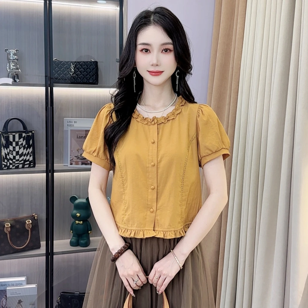 A8609夏季新款花边圆领短袖衬衫减龄显瘦洋气百搭上衣