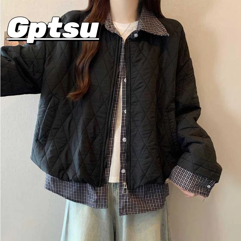 GPTSu假两件格子拼接黑色菱格棉服女2025秋冬季大码胖mm棉袄外套