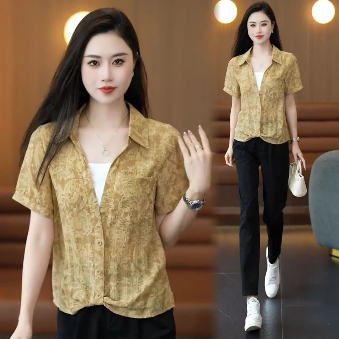 时尚休闲风百搭翻领短袖衬衫女士夏季新款时髦洋气假两件拼接上衣