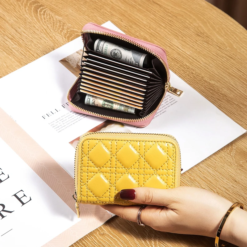 时尚菱格纹真皮拉链卡包女2025新款牛皮防消磁多卡位证件包零钱包