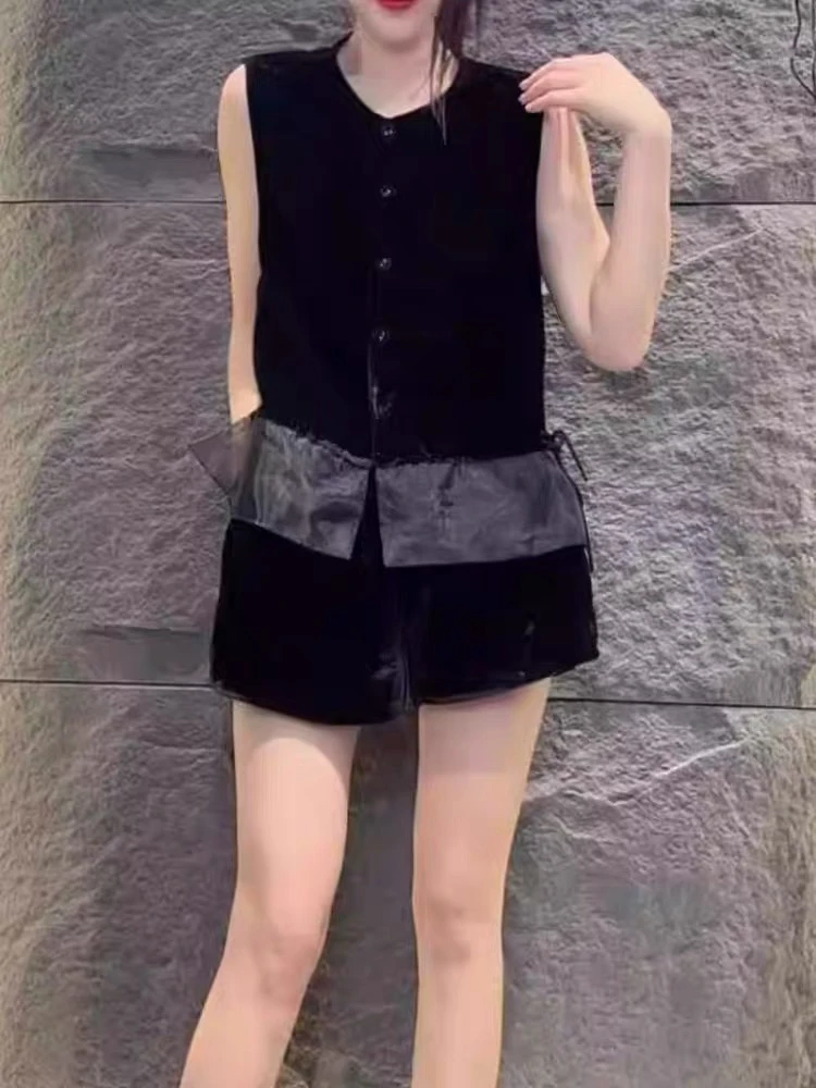 雪纺网纱拼冰丝绒无袖衬衫女高级感轻奢背心法式黑色圆领开衫上衣