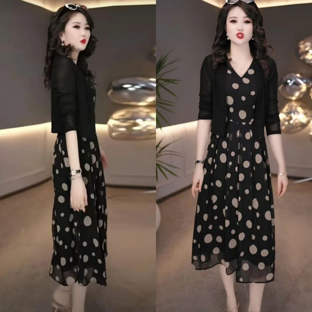 2025春夏新款连衣裙减龄波点时尚两件套气质妈妈裙子优雅女母亲节