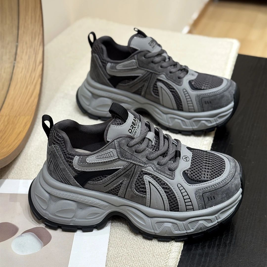 真皮时髦超火做旧松糕老爹鞋女2025新款秋潮流厚底百搭超火运动鞋