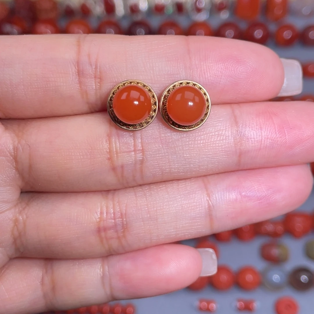南红玛瑙保山冰红耳钉银S925镶嵌